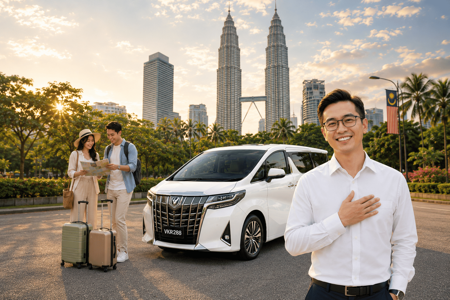 Zen Rides chauffeur with white Toyota Alphard at the Kuala Lumpur Petronas Towers
