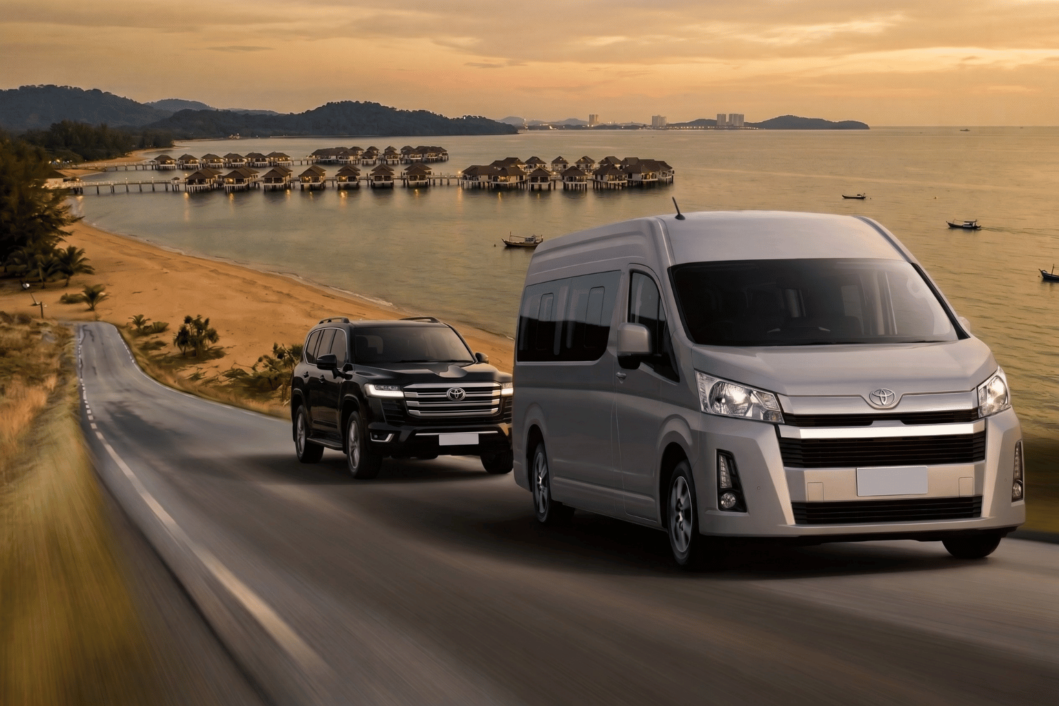 Zen Rides van and SUV on a coastal Malaysian highway at sunset